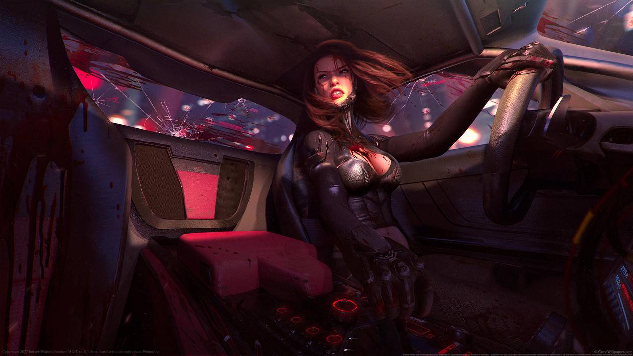 《赛博朋克2077-cyberpunk2077》女孩,开车受冲击,血,4K高清壁纸