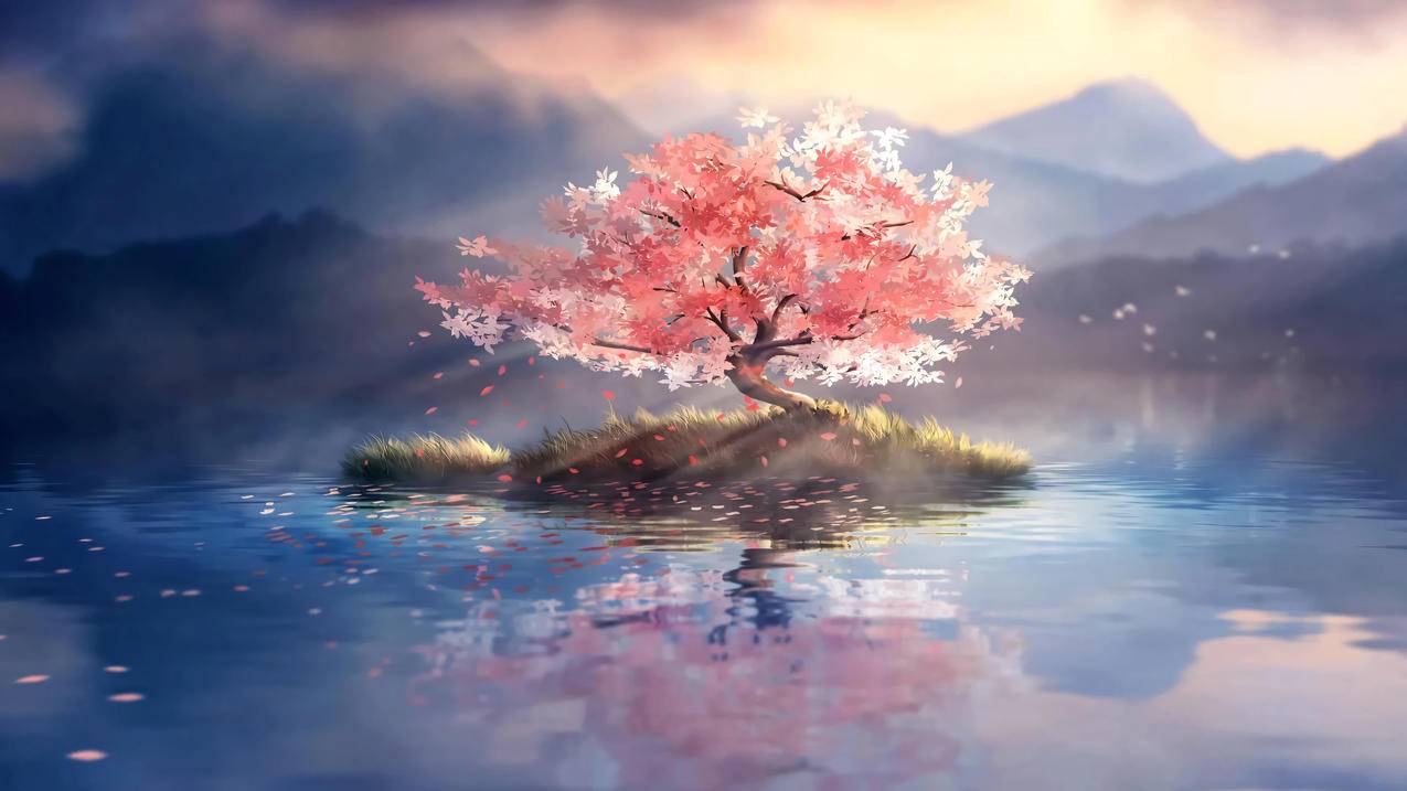孤独的树 湖水中央 一棵红叶树 4K高清壁纸3840x2160