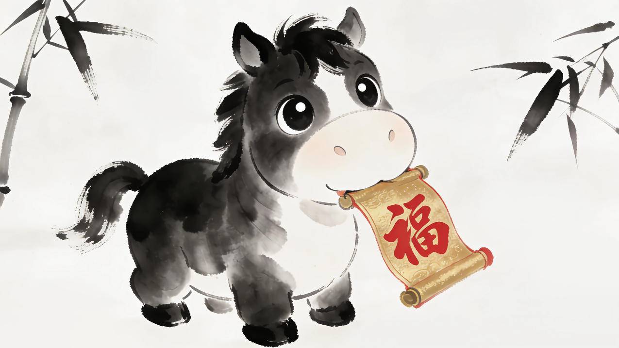 2026马年图片 水墨风 小黑马 福字 竹子 4K壁纸
