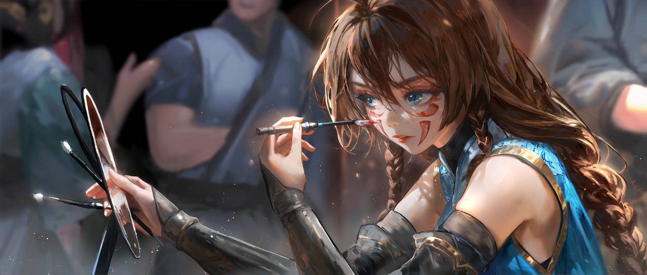 动漫女孩 蓝色眼睛 化妆 镜子 5K高清壁纸