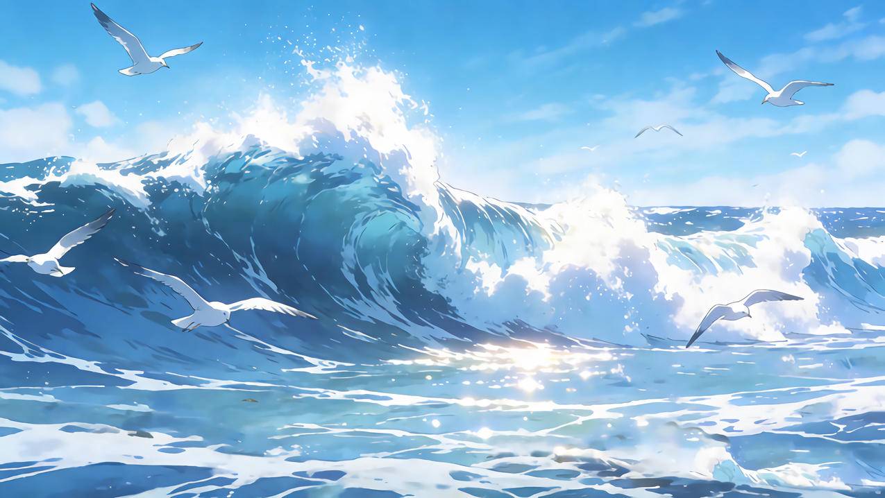 海浪 海鸥 绘画 4k风景壁纸