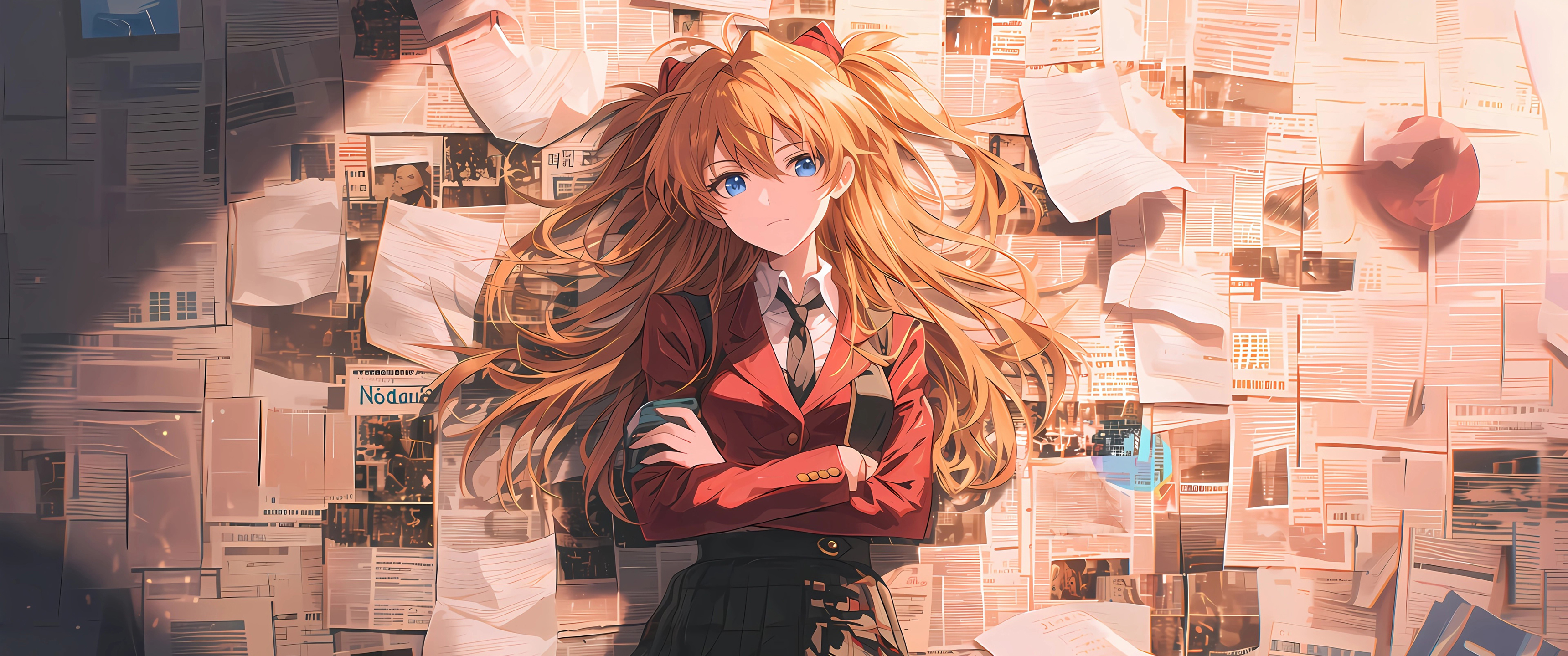 明日香,报纸墙,3440x1440,带鱼屏,动漫壁纸