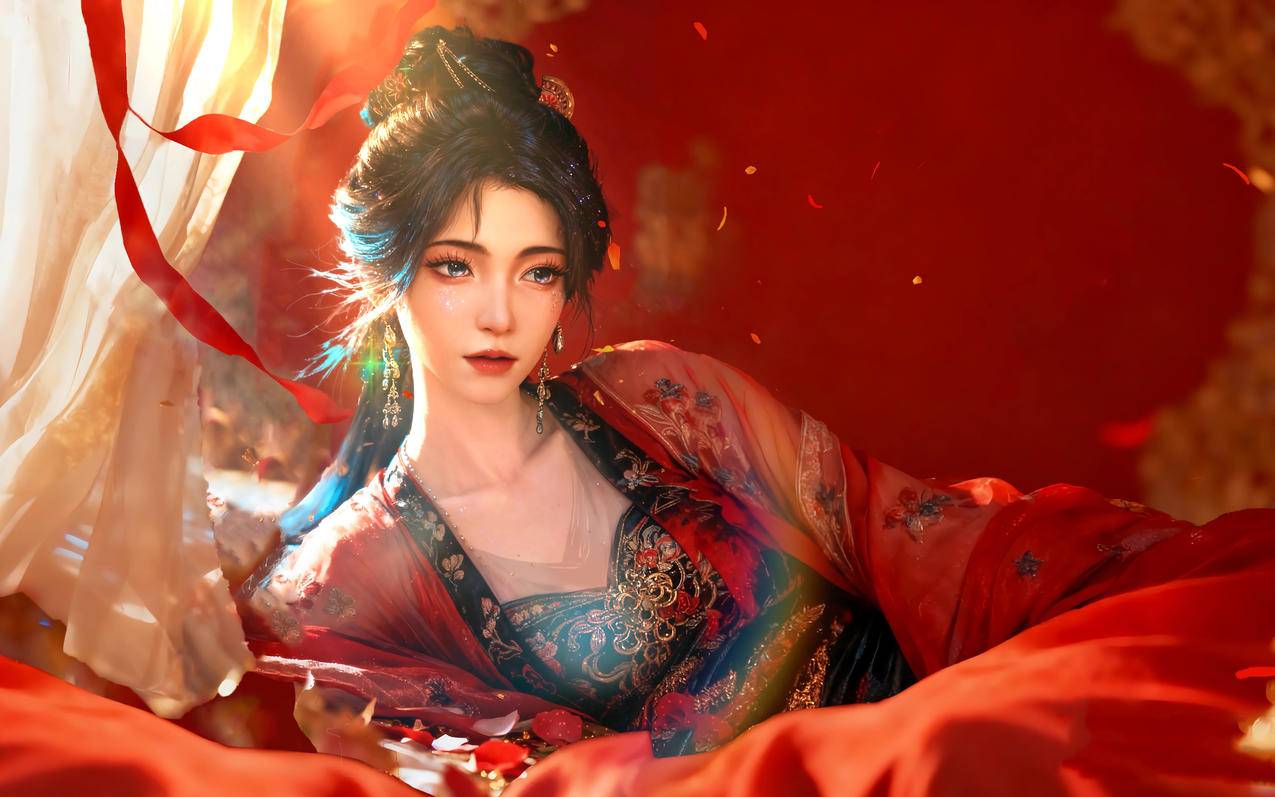 古风红色古装美女 红色背景 金屋藏娇 4k壁纸3840x2400