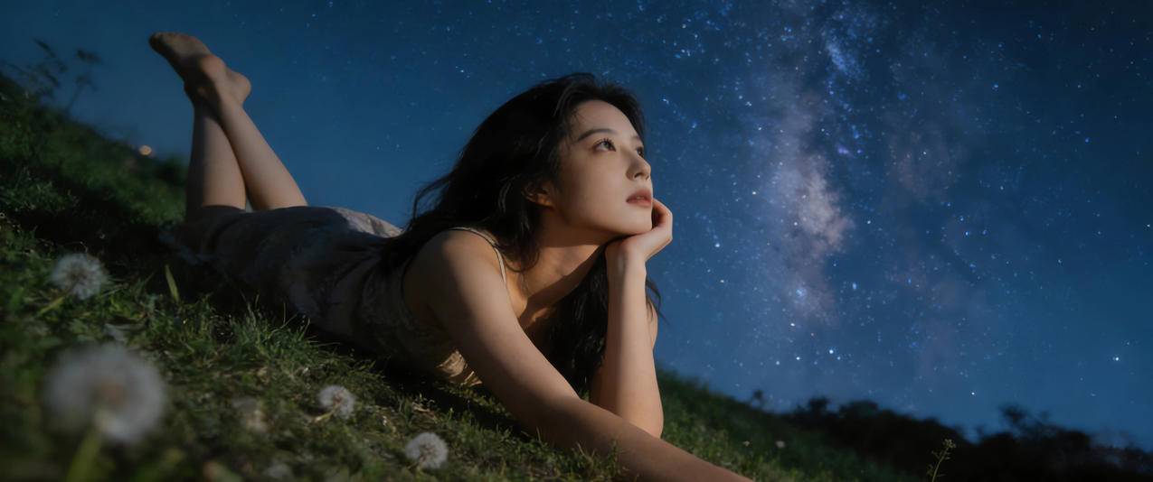 趴在绿草地看星空的美女 唯美3440x1440带鱼屏壁纸免费