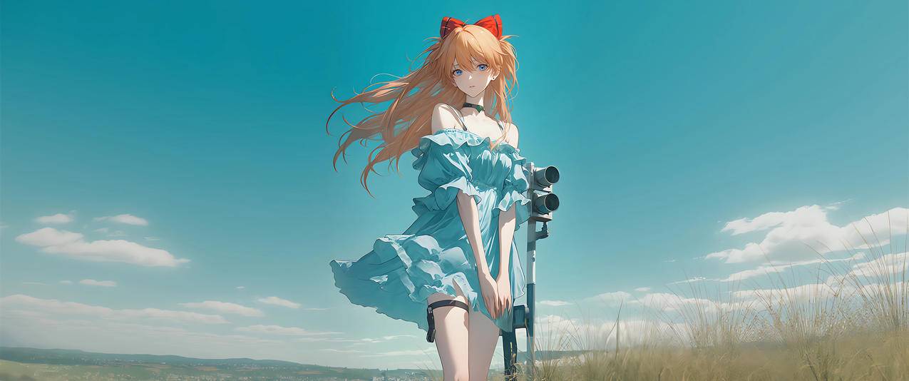 蓝色裙子动漫女孩长发 蝴蝶结头饰 蓝天 3440x1440带鱼屏壁纸高清免费