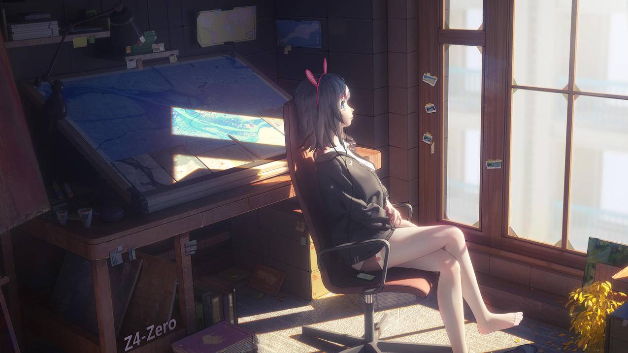 阳光,房间,地图,女孩坐在椅子上,面朝窗户,4K高清动漫壁纸