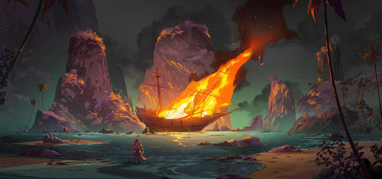 海盗女孩 插图绘画 船只 水 海滩 棕榈树 火焰 发光 4K壁纸