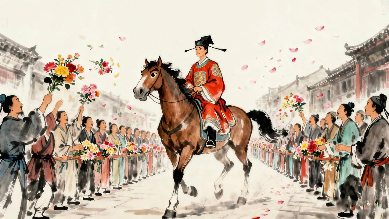 古风 状元 骑马 街市 人们 鲜花 4k壁纸