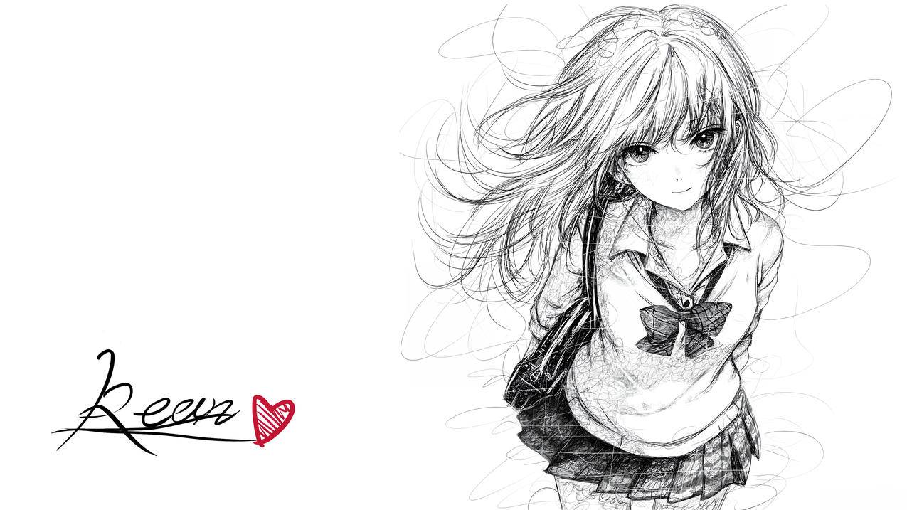 铅笔画女孩 长发 蝴蝶结 4k动漫壁纸