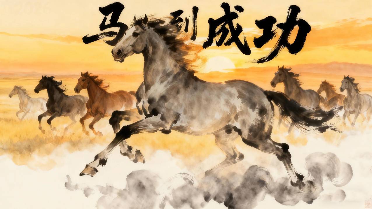2026马到成功 高大帅气骏马 草原奔跑 水墨风 4k壁纸