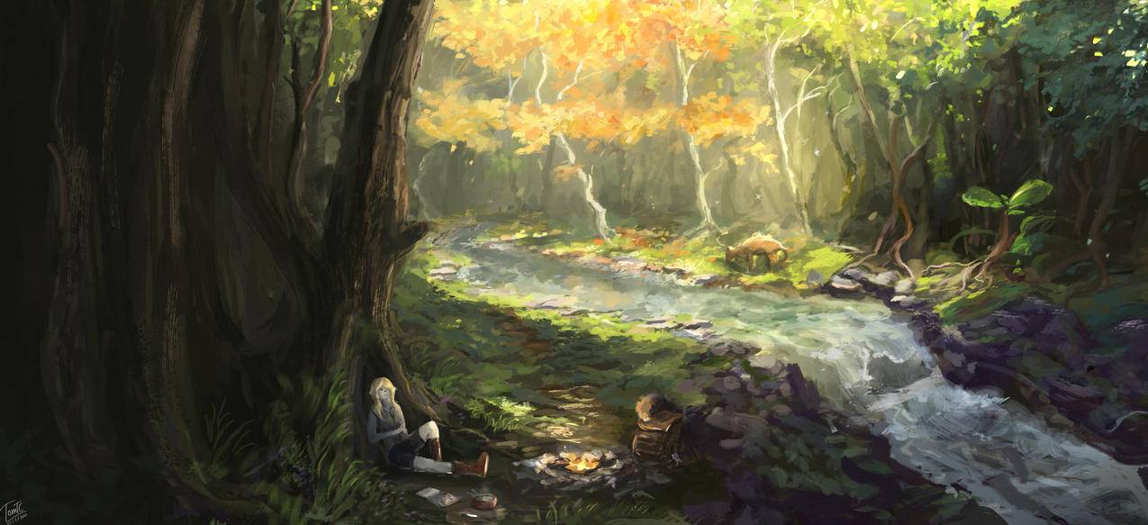 森林,女孩,秋游,宁静的秋天,树,河流,绘画高清3k壁纸