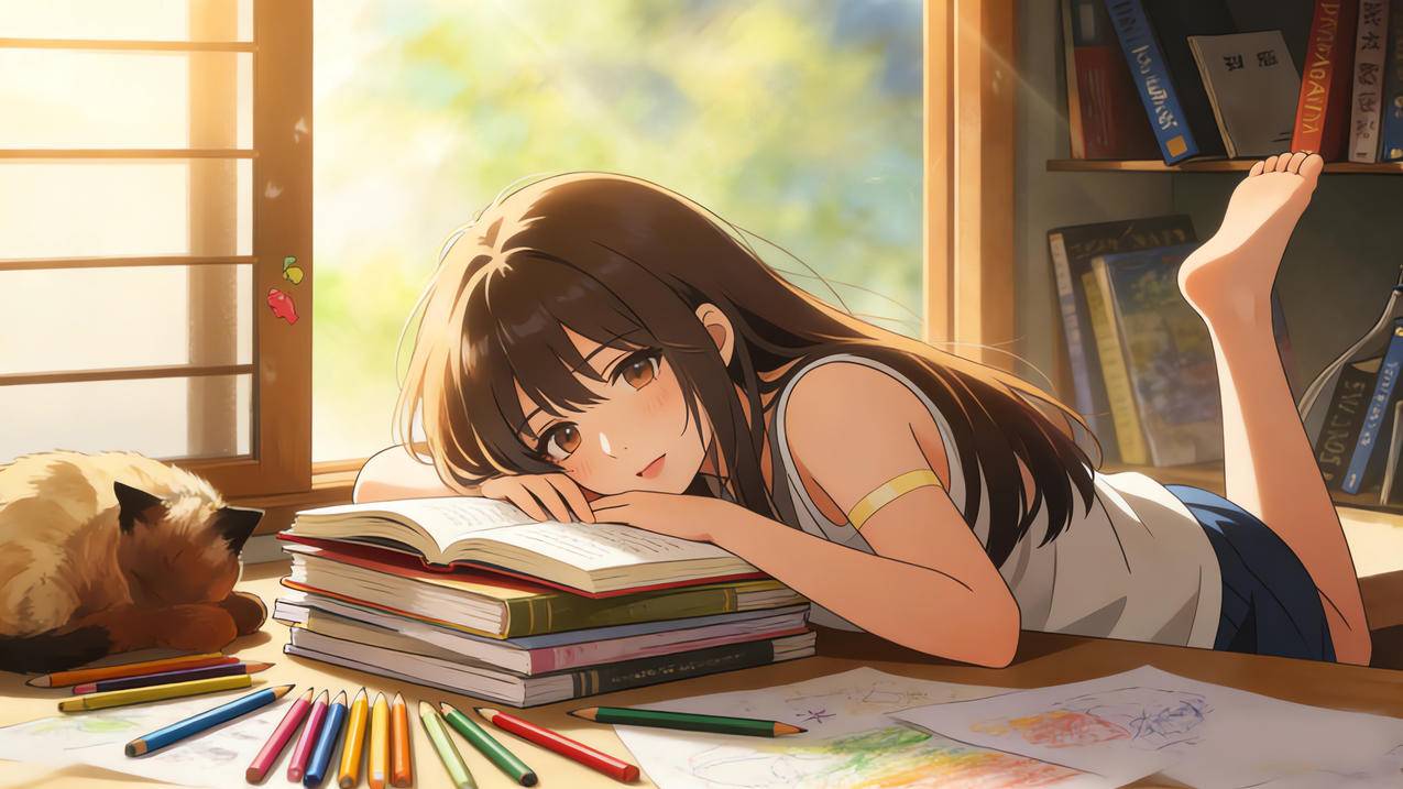 书房 长发女孩 书桌 书本 窗 4k动漫壁纸