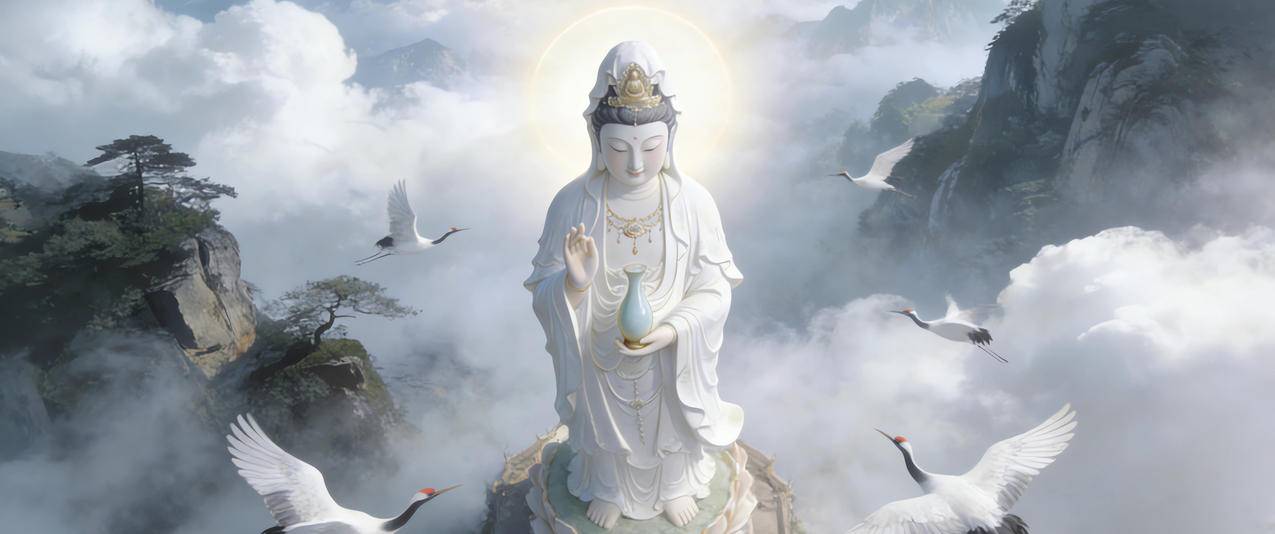 观音菩萨 玉净瓶 高山 云雾缭绕 仙鹤 3440x1440带鱼屏壁纸