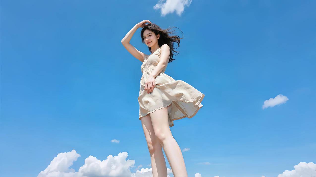 晴天 蓝天白云 连衣裙 阳光美女 4K壁纸 3840x2160