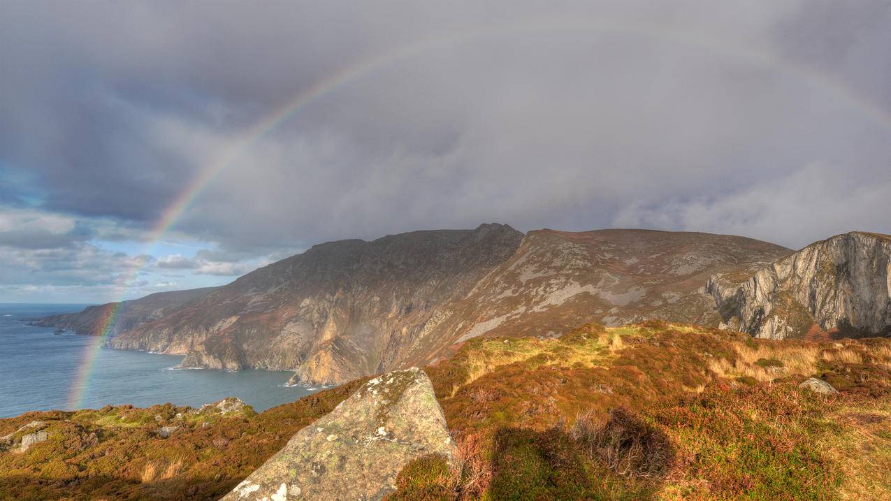 爱尔兰,山,小岛,彩虹,4K风景高清壁纸