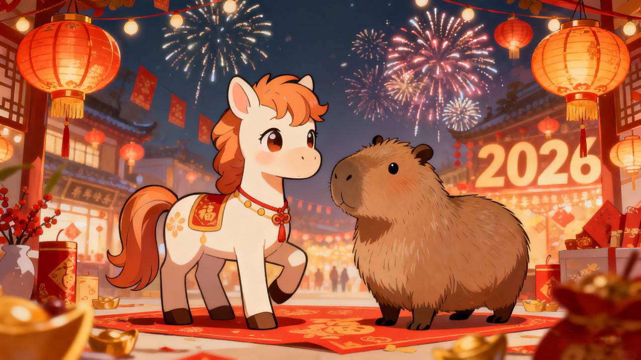 2026马年 新年 小马和卡皮巴拉 喜庆 烟花 灯笼 4k壁纸