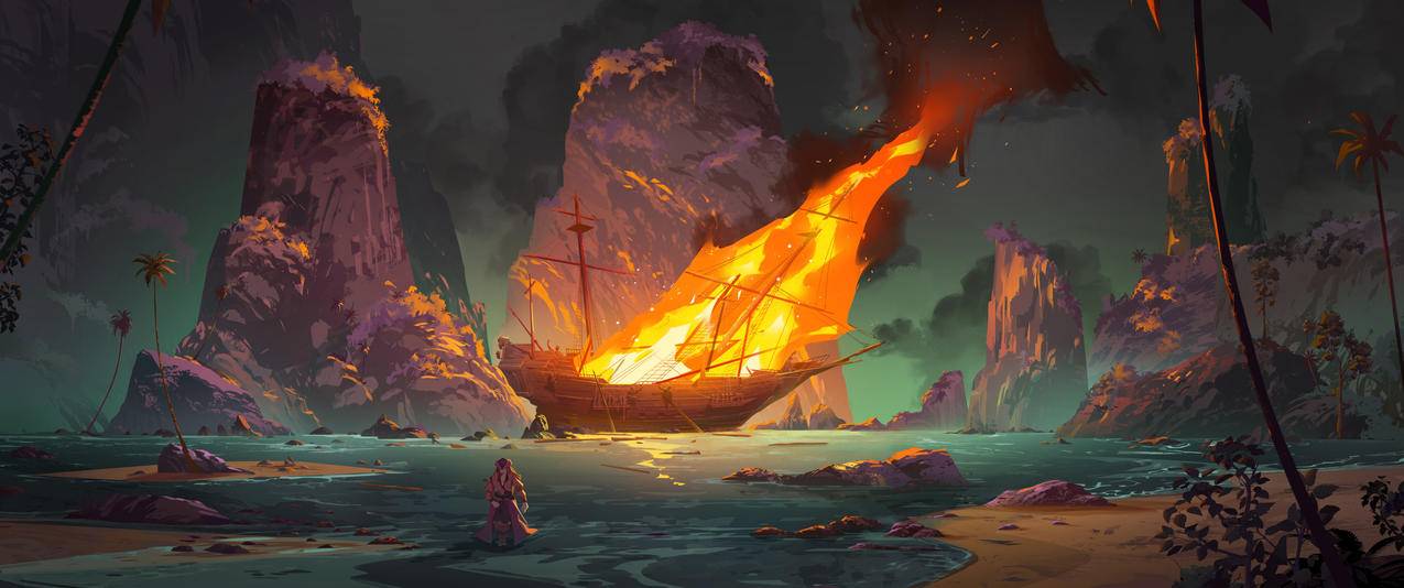 海盗女孩 插图绘画 船只 海滩 棕榈树 火焰 3440x1440带鱼屏壁纸