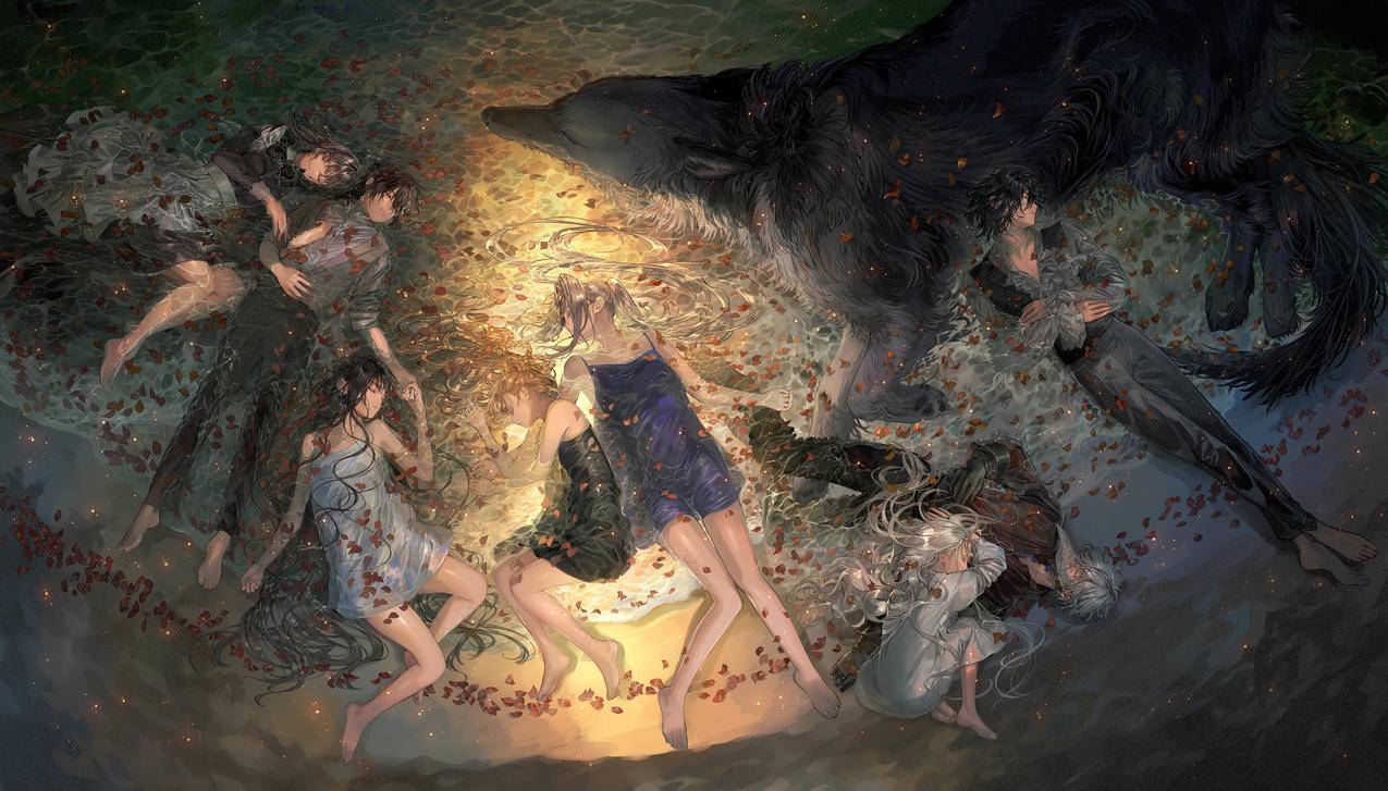 《魔界王子,devils,and,realist,》躺在水里,花瓣,女孩,男生,狼,4K高清动漫壁纸