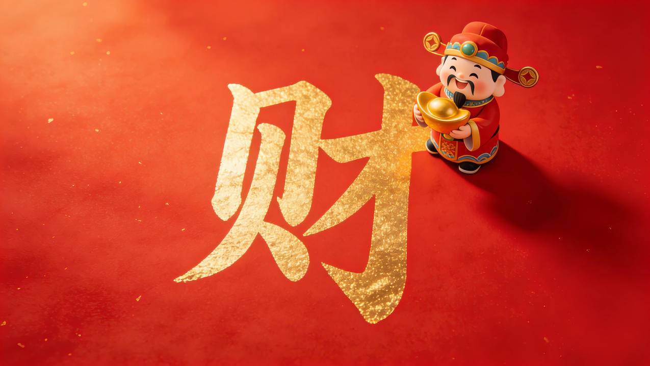财神送元宝 财字 红色背景 4K壁纸3840x2160