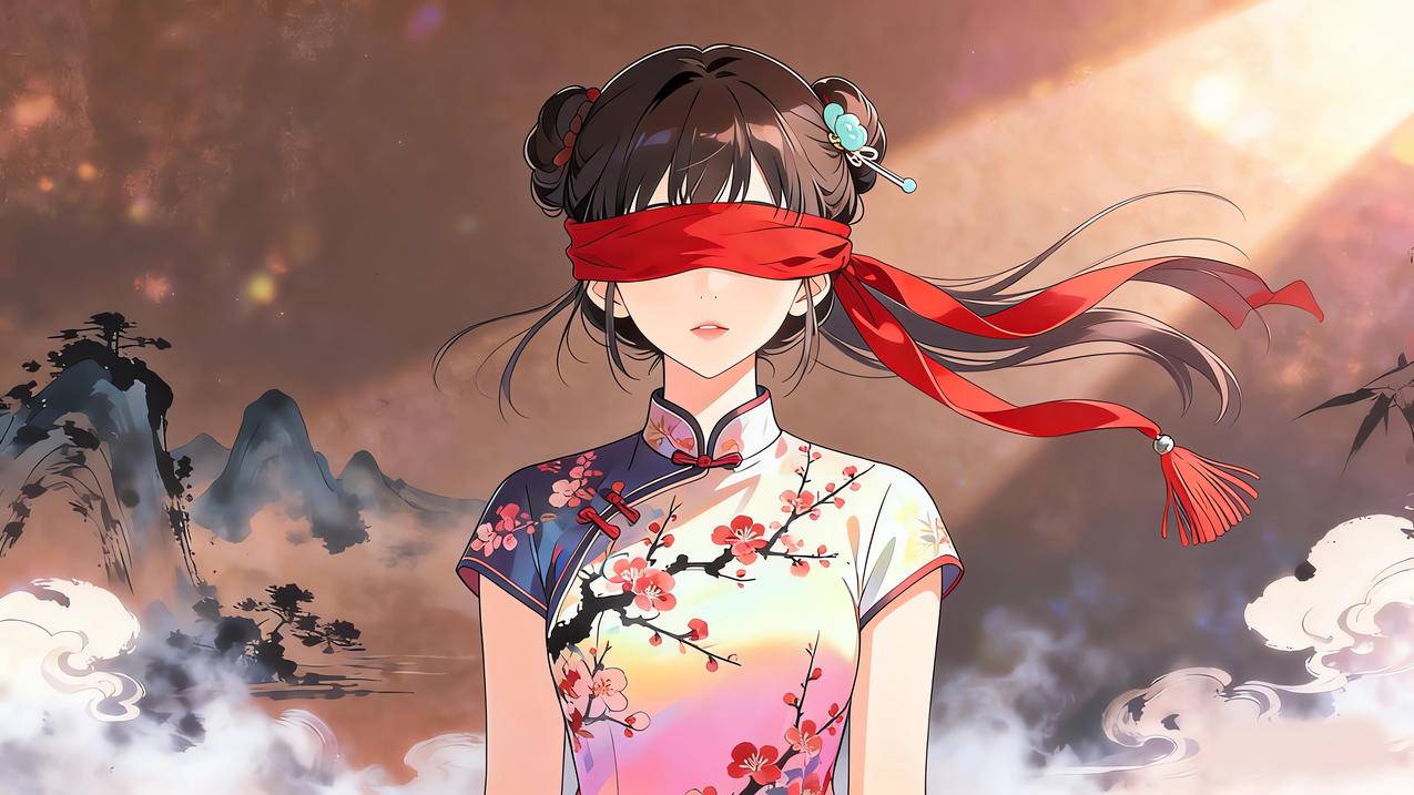 国风 旗袍 蒙眼美女 红色彩带 光影 4k壁纸