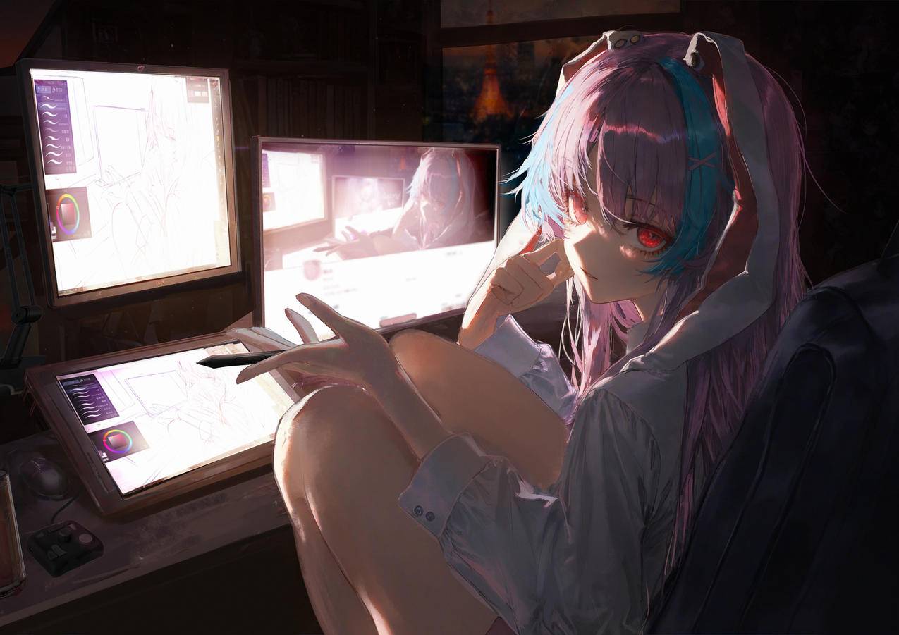 红色眼睛动漫美女 椅子坐着 兔子耳朵 绘画 4K电脑壁纸