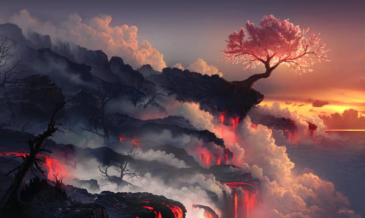 天空,云,火山,树,唯美艺术,4k风景高清壁纸