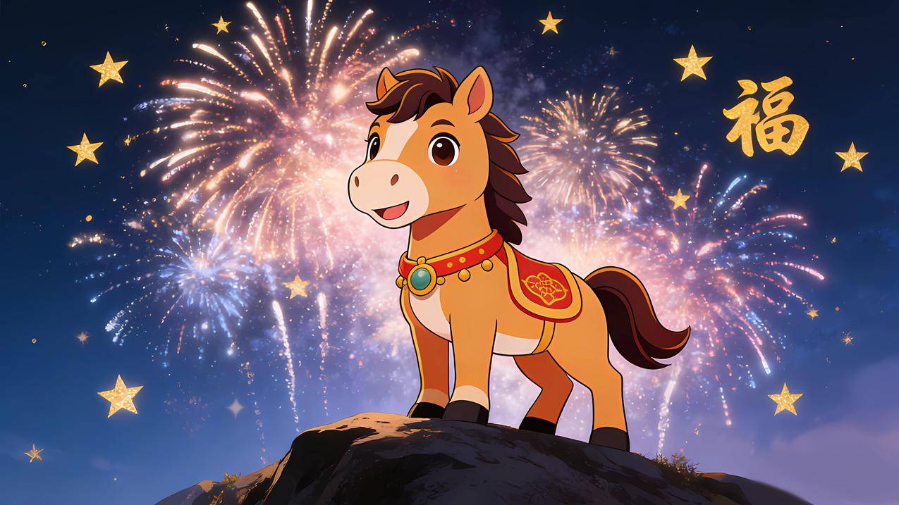 2026新年烟花背景 小马 星星 福 4k壁纸