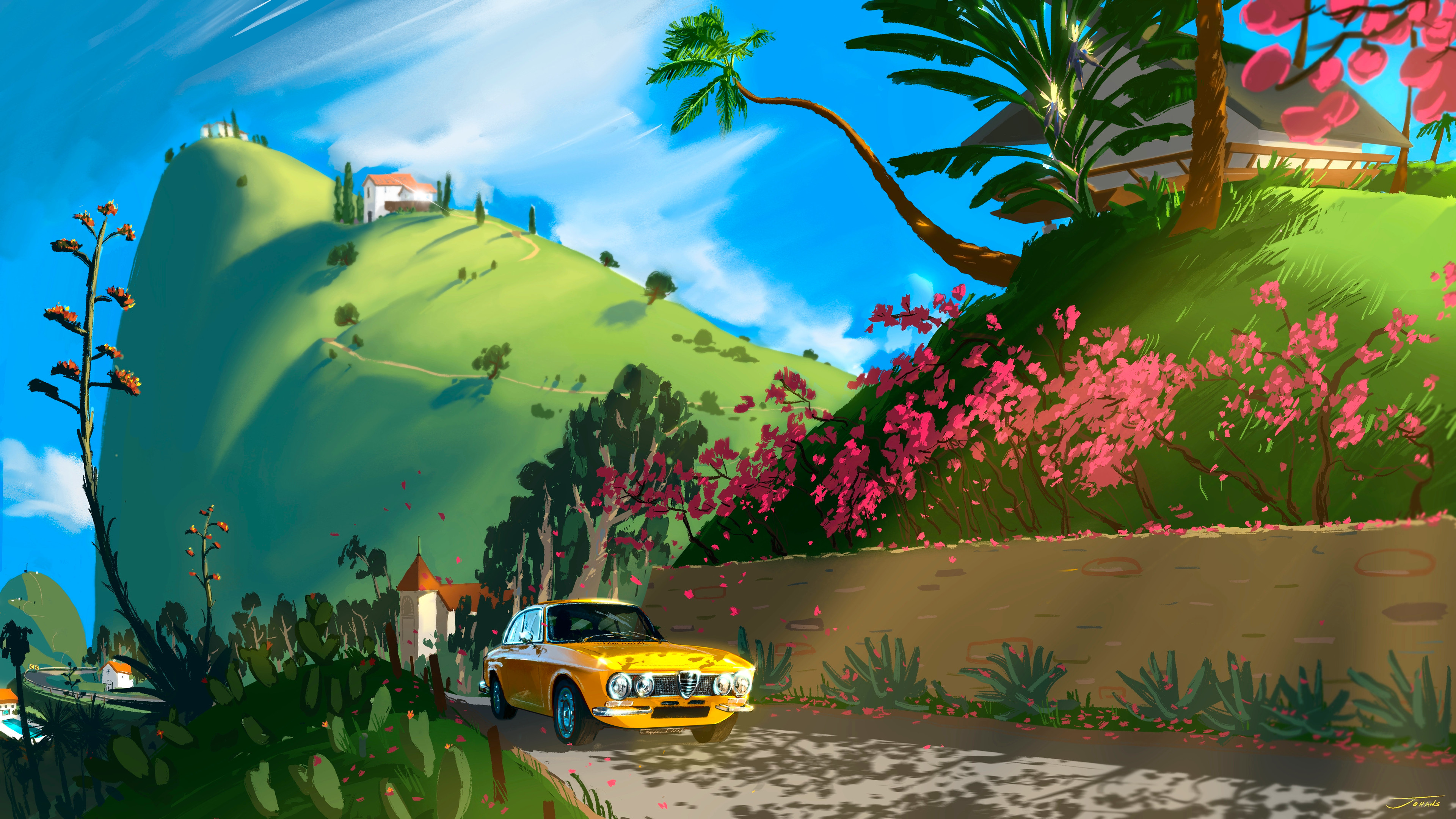 郊外风景,汽车,花,树,房子,4k动漫风景壁纸