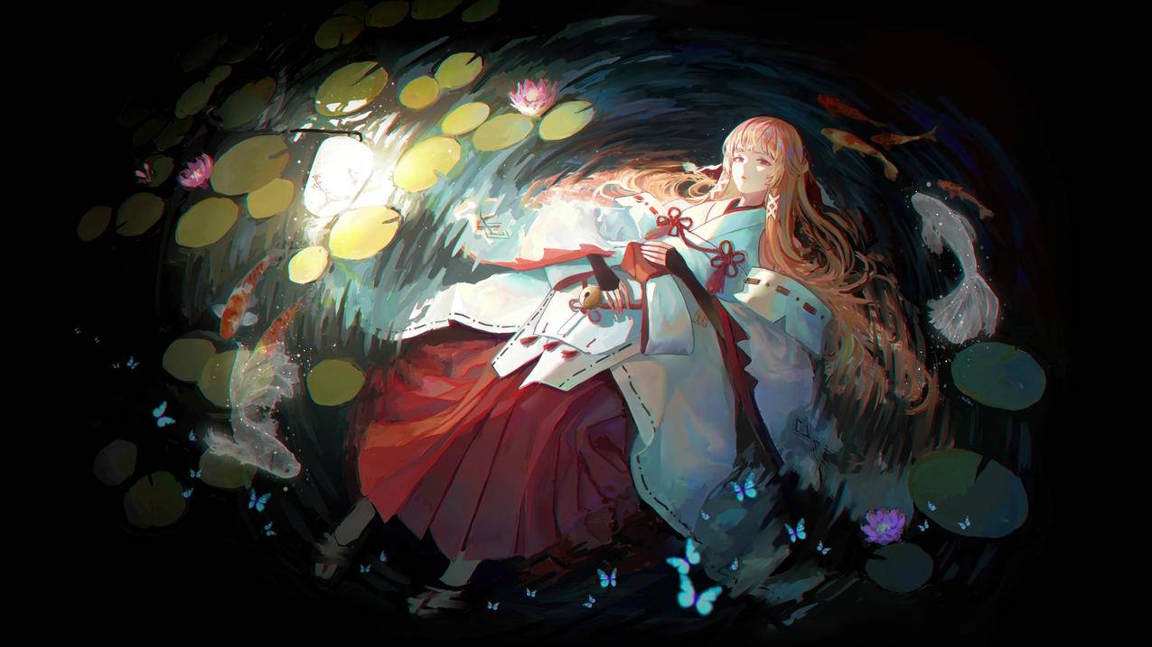 上杉绘梨衣 水 鱼 荷叶 4K壁纸