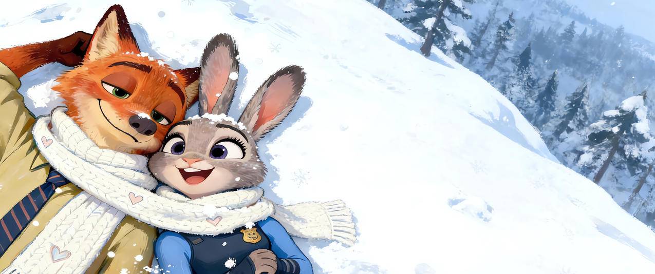 疯狂动物城2朱迪狐尼克雪地3440x1440带鱼屏壁纸