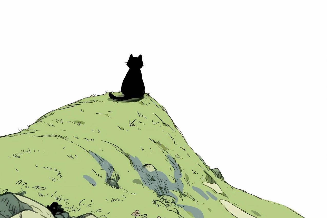 卡通 山丘 黑猫 简约 4K壁纸 3840x2560