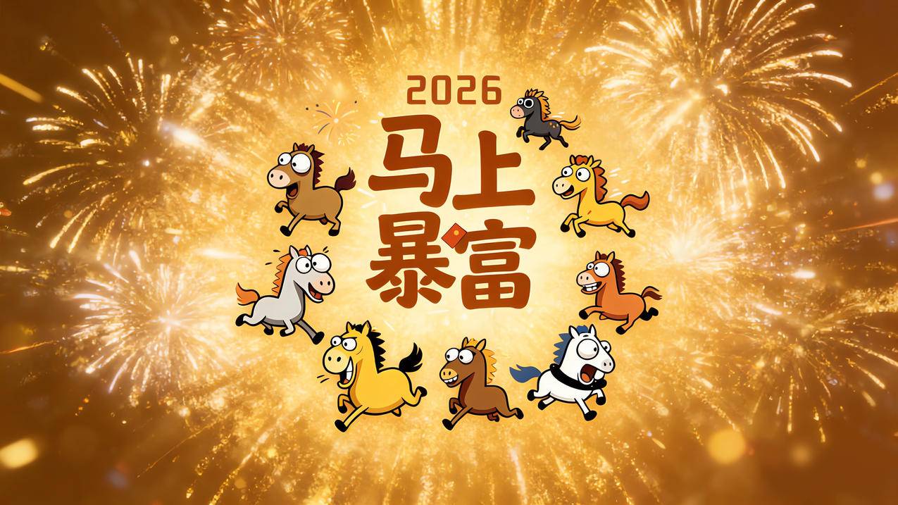 2026马上暴富 可爱马儿 烟花喜庆橙色背景 4K壁纸