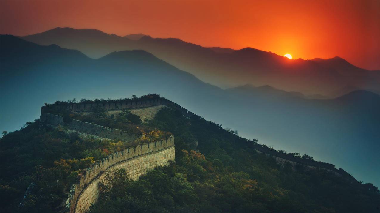 长城,半日落,4k风景高清壁纸