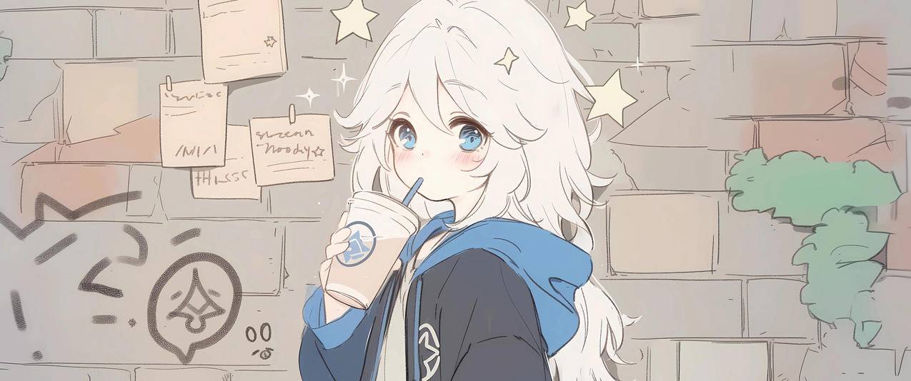 动漫女孩 奶茶 背景墙 3440x1440带鱼屏壁纸