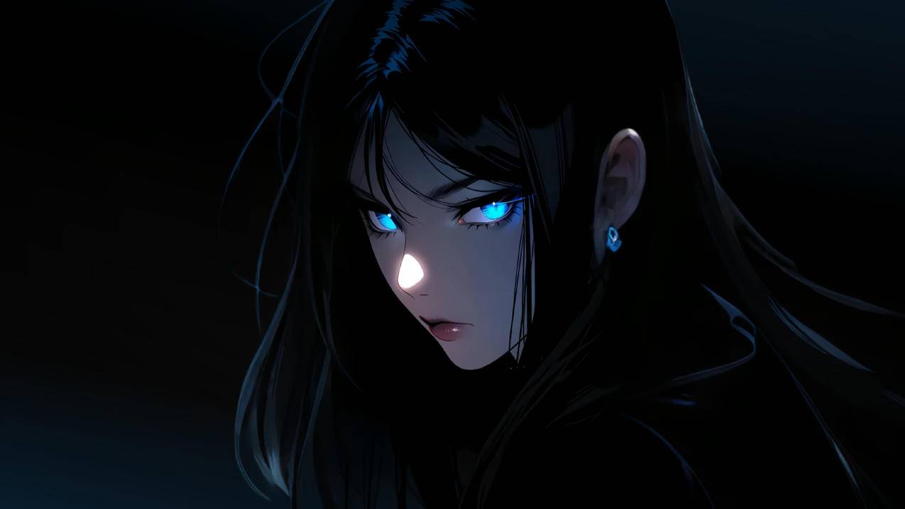蓝瞳少女长发 暗黑风格 4K动漫壁纸