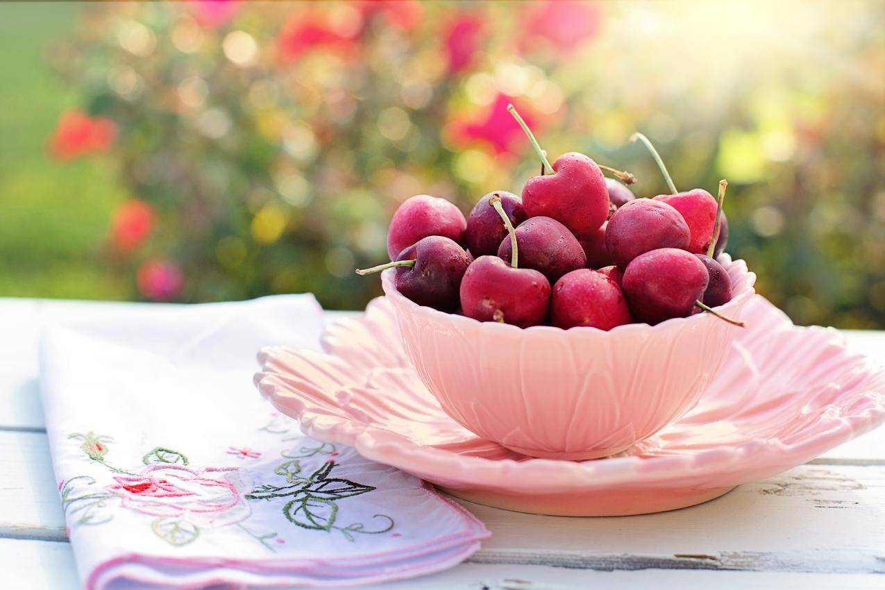 樱桃,碗,粉红色,水果,4K美食高清壁纸