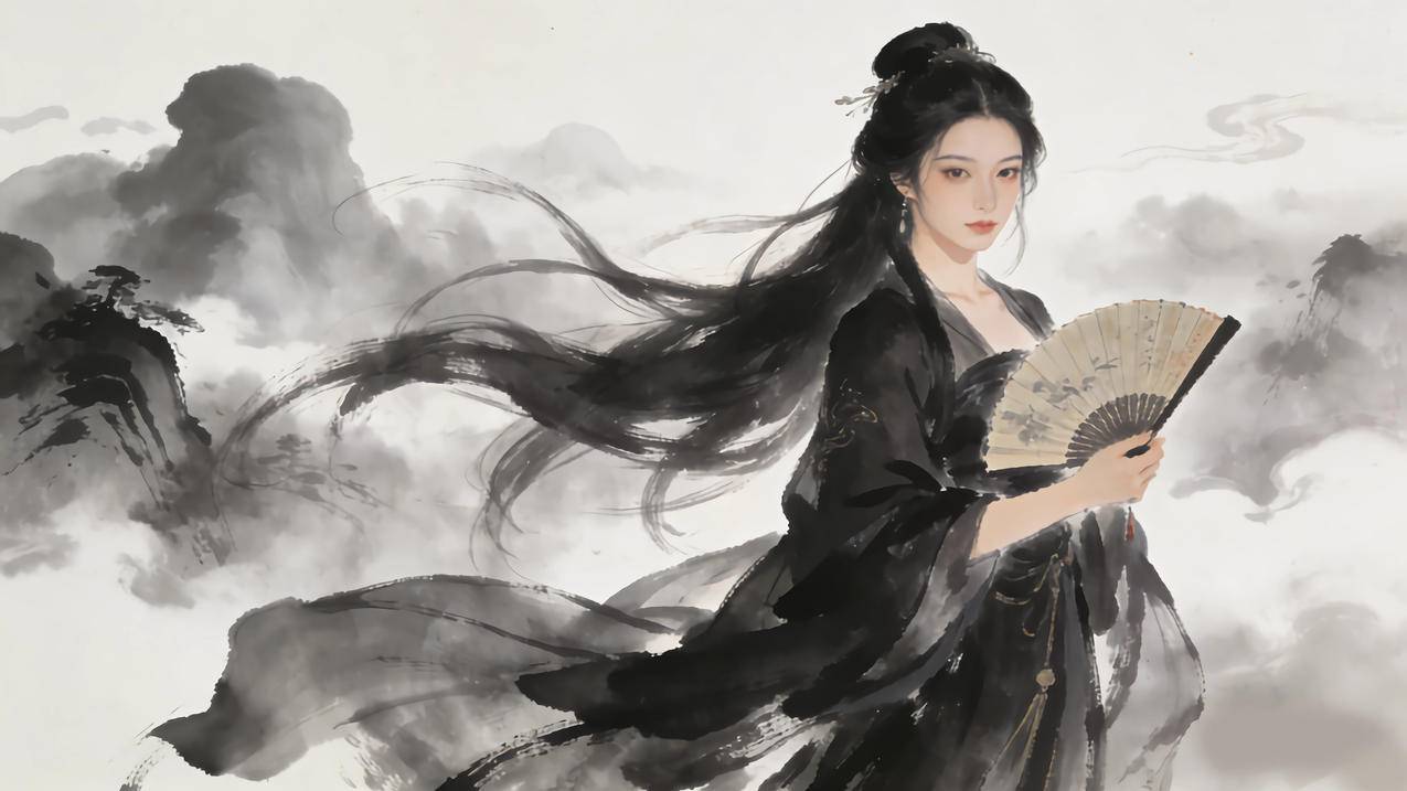 黑色古风服美女 扇子 水墨风 4k壁纸