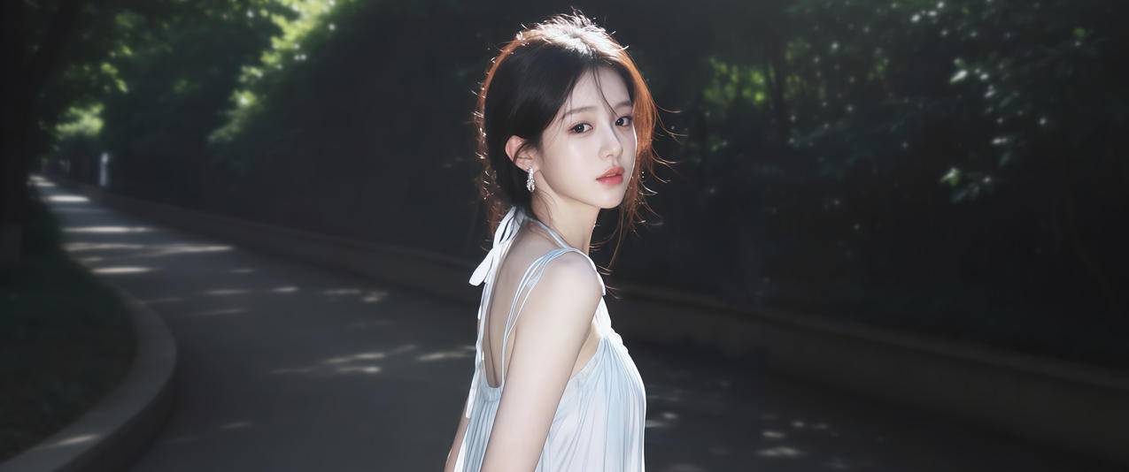 公园 白色裙子美女侧脸 3440x1440带鱼屏壁纸