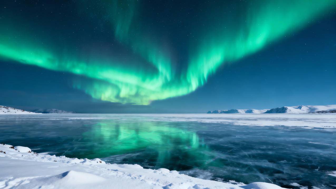 绿色极光 雪 河流4k风景壁纸