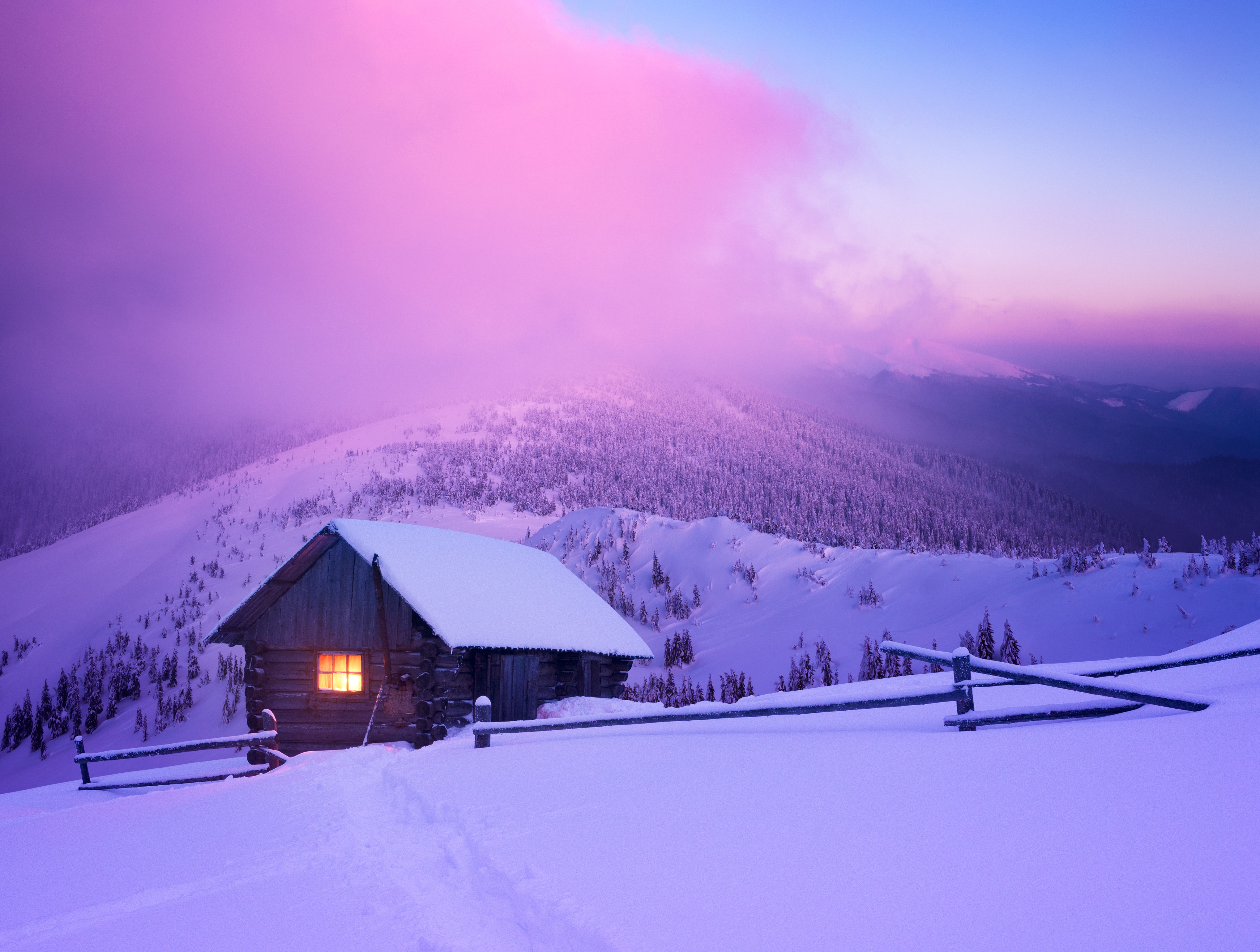 冬天雪山雪景小木屋4k风景壁纸