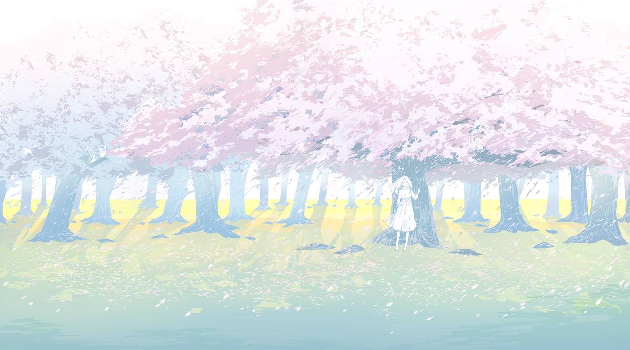 樱花树林,女孩,唯美,4K高清动漫壁纸