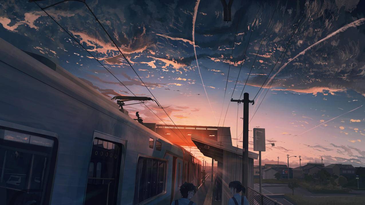 天空,夕阳,电车,人物风景,4K动漫壁纸