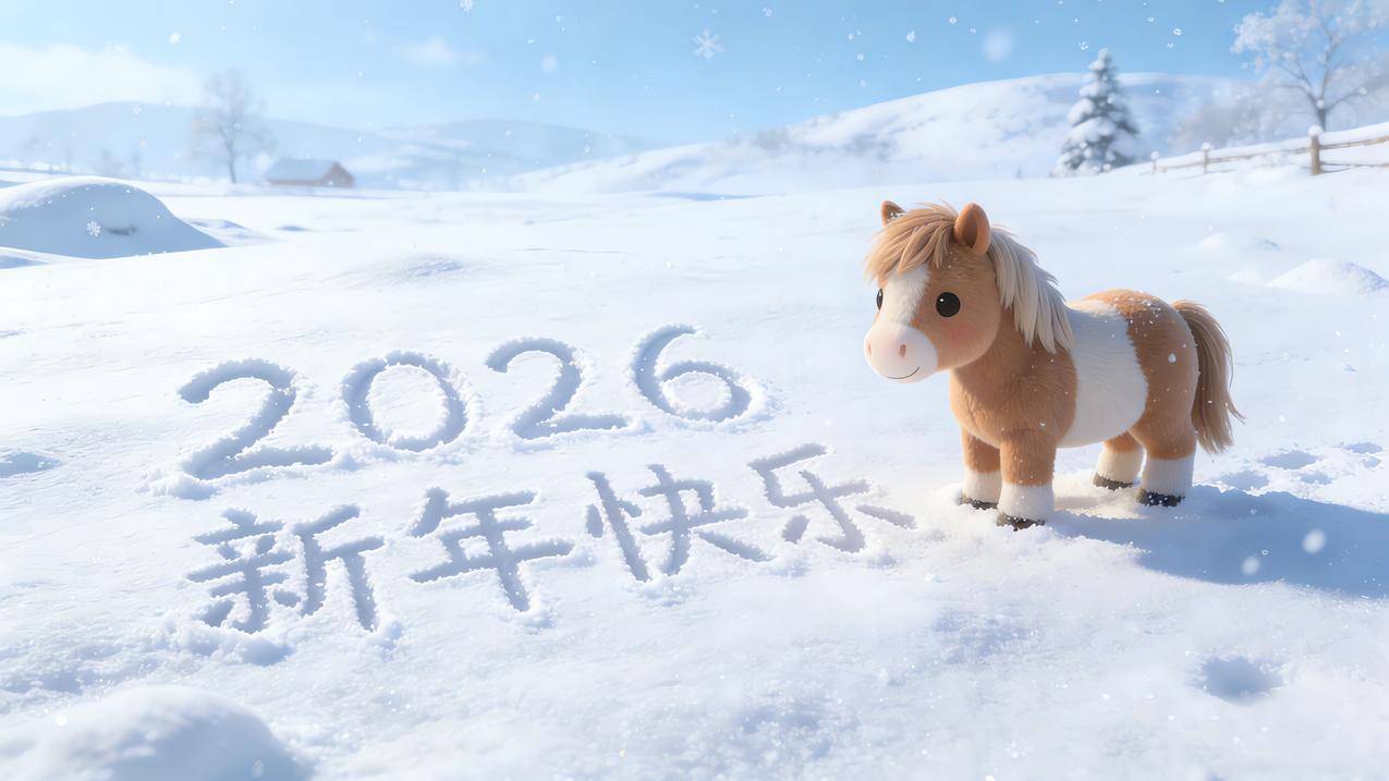 冬天 雪地 可爱小马 2026新年快乐4k电脑壁纸