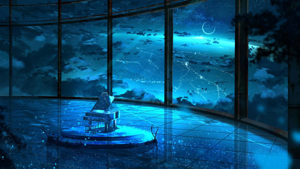 月影,风景,星空,钢琴,透过玻璃,空间,4k动漫壁纸