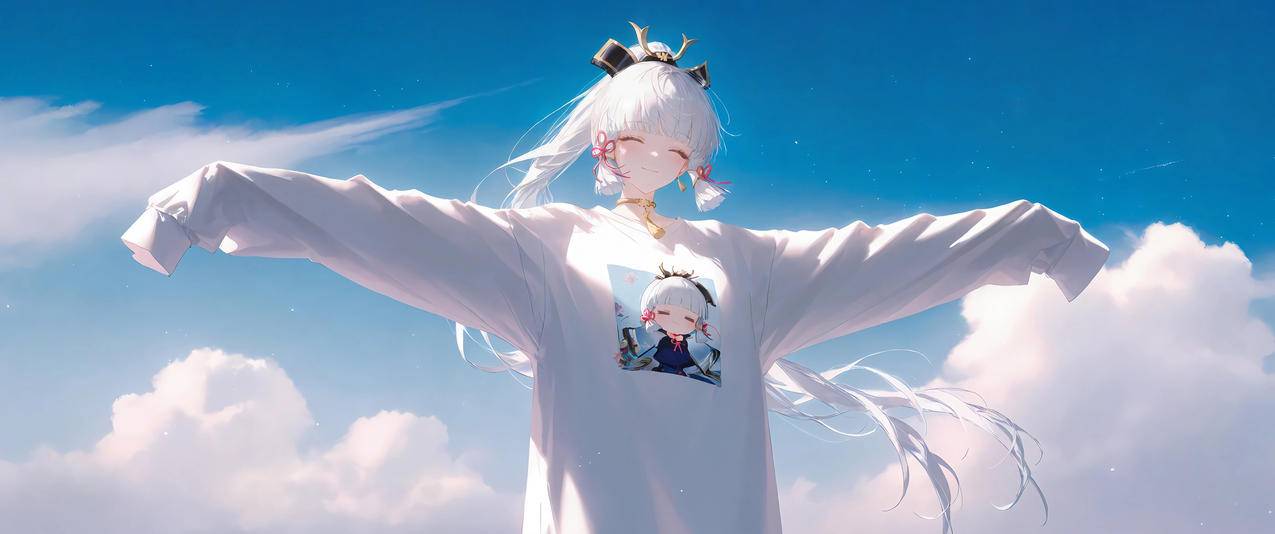 神里绫华 蓝天白云 白T恤 3440x1440带鱼屏壁纸