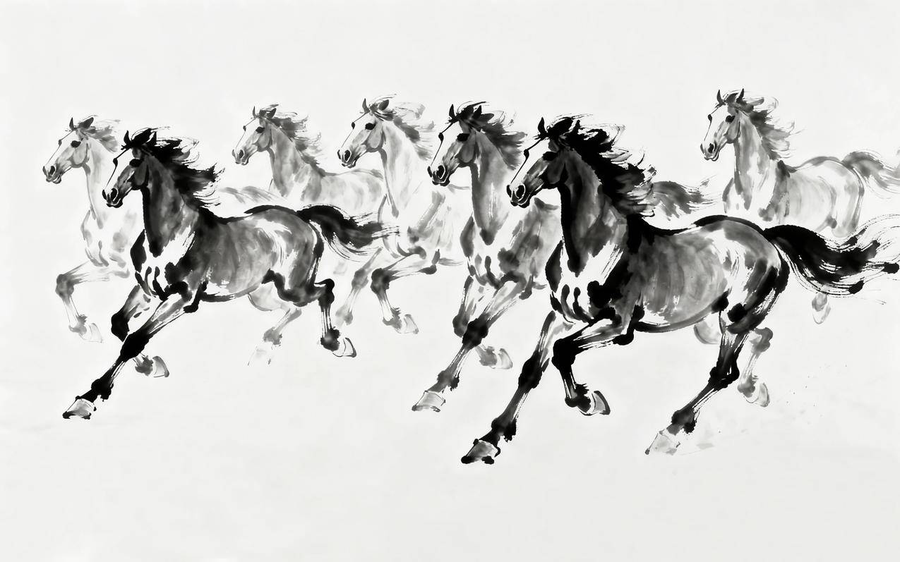 奔跑中的骏马 黑白水墨画 4K壁纸3840x2400