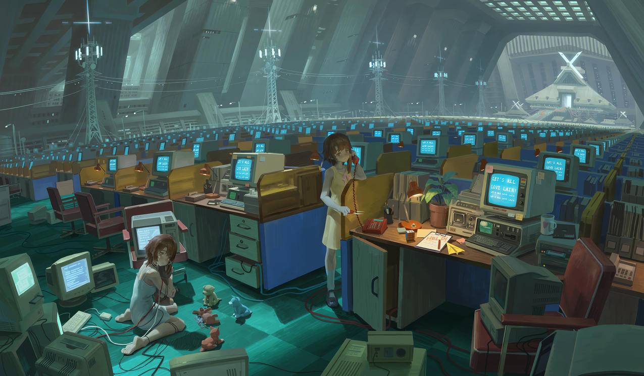 电脑室 两个女生 电脑桌 电话 4K动漫壁纸