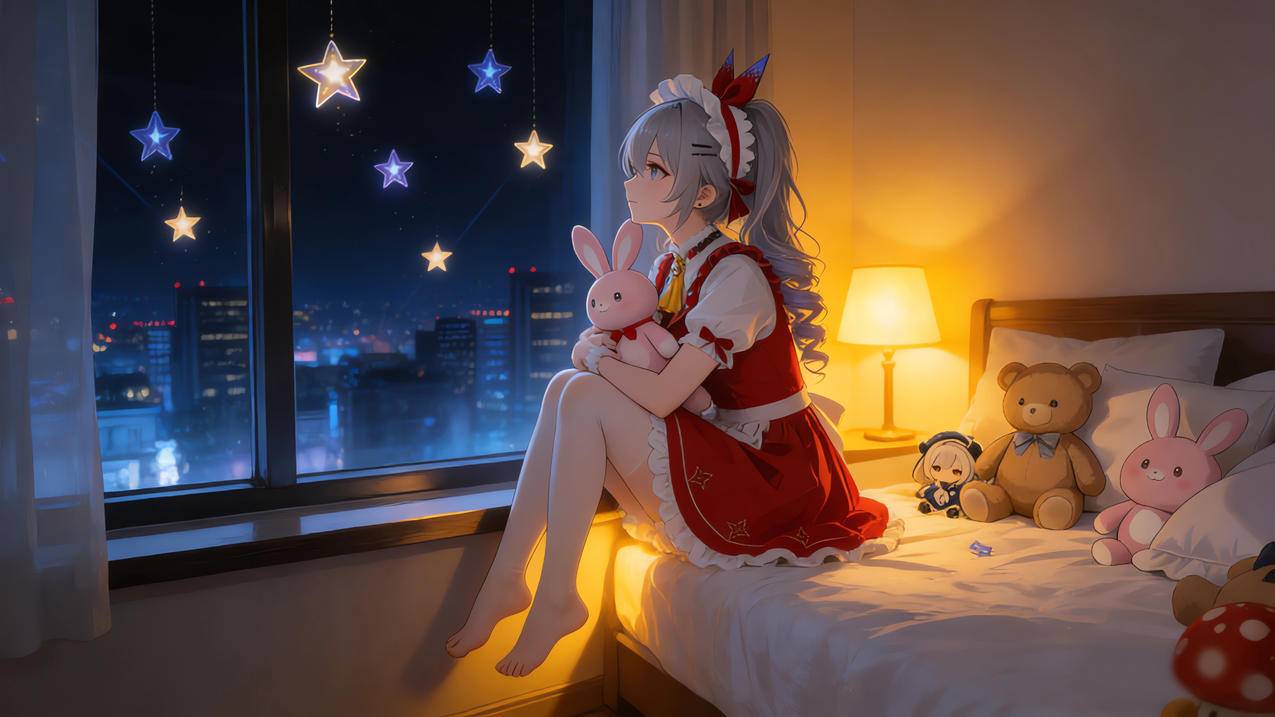 晚上 女生房间 台灯 坐在床上的小女孩 小兔 小熊 窗 星星 4k壁纸