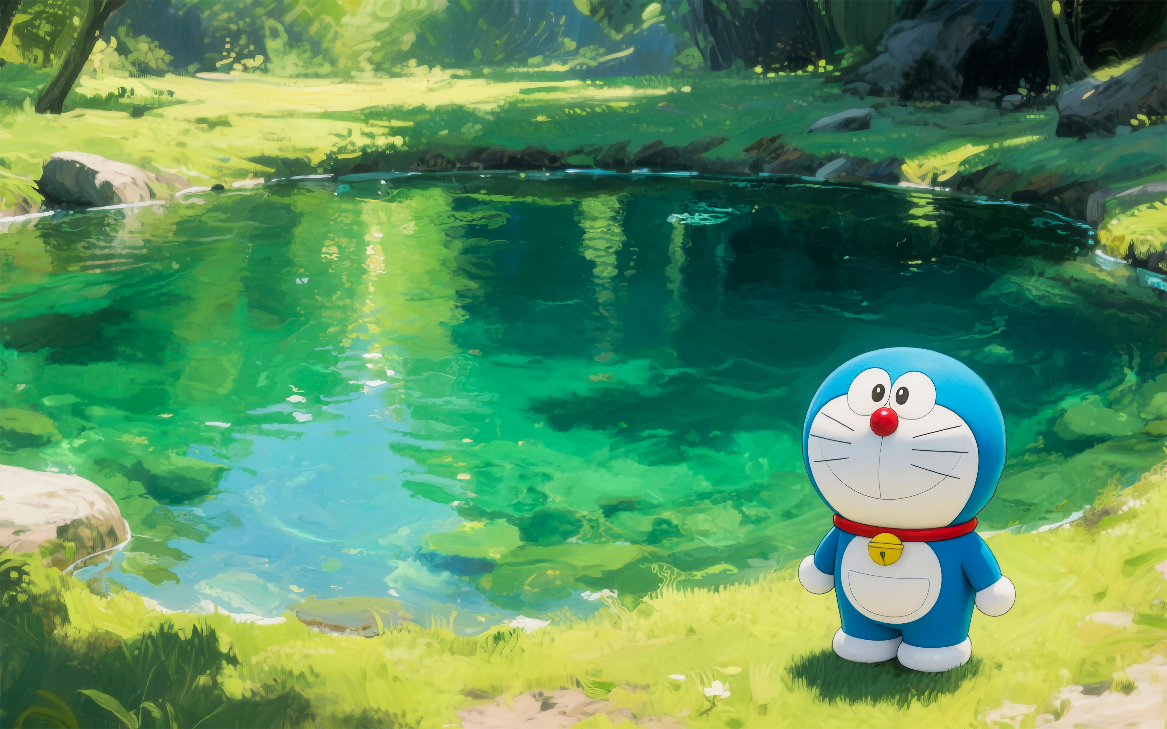 哆啦A梦,水塘,森林,4K壁纸,3840x2400