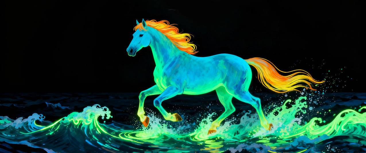 晚上荧光色的马 海边奔跑3440x1440带鱼屏壁纸